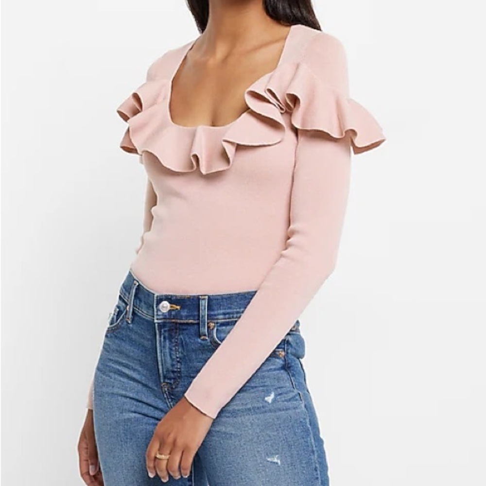 Express Women XS Pink Knit Scoop Neck Long Sleeve Ruffle Cropped Sweater NWT